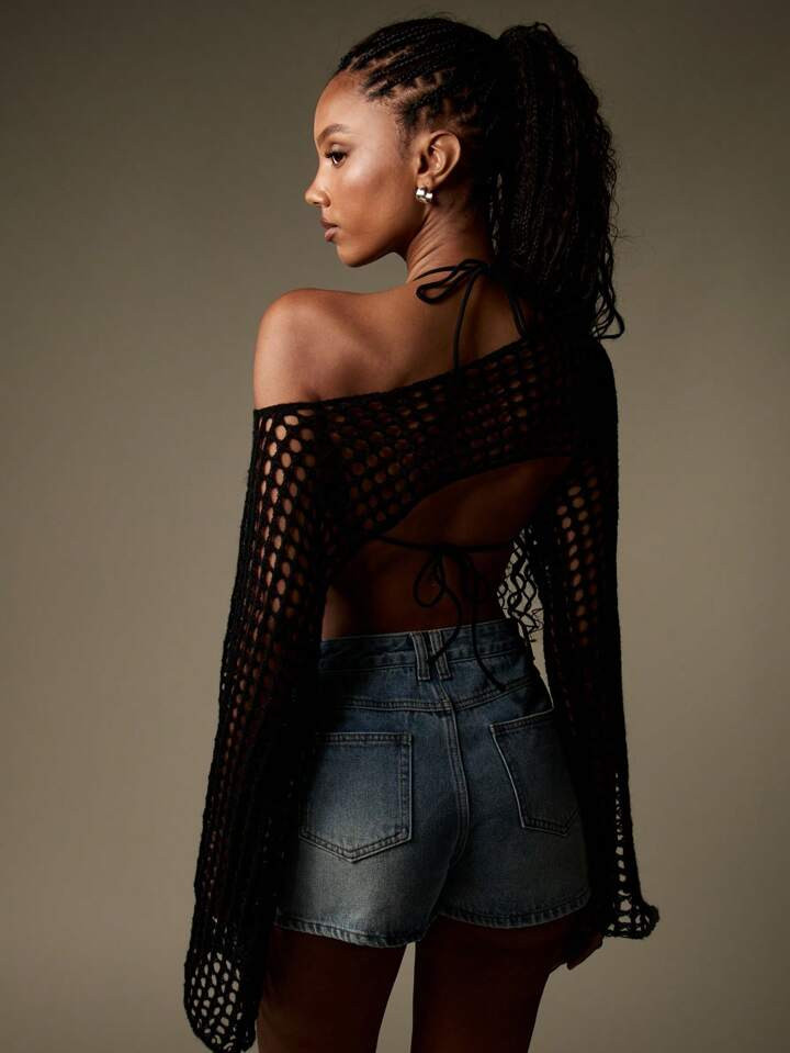 MISSGUIDED Fishnet Bell Sleeve Crop Sweater Festival Bohemian Knit Beach Cover Up Western Grunge ... | SHEIN