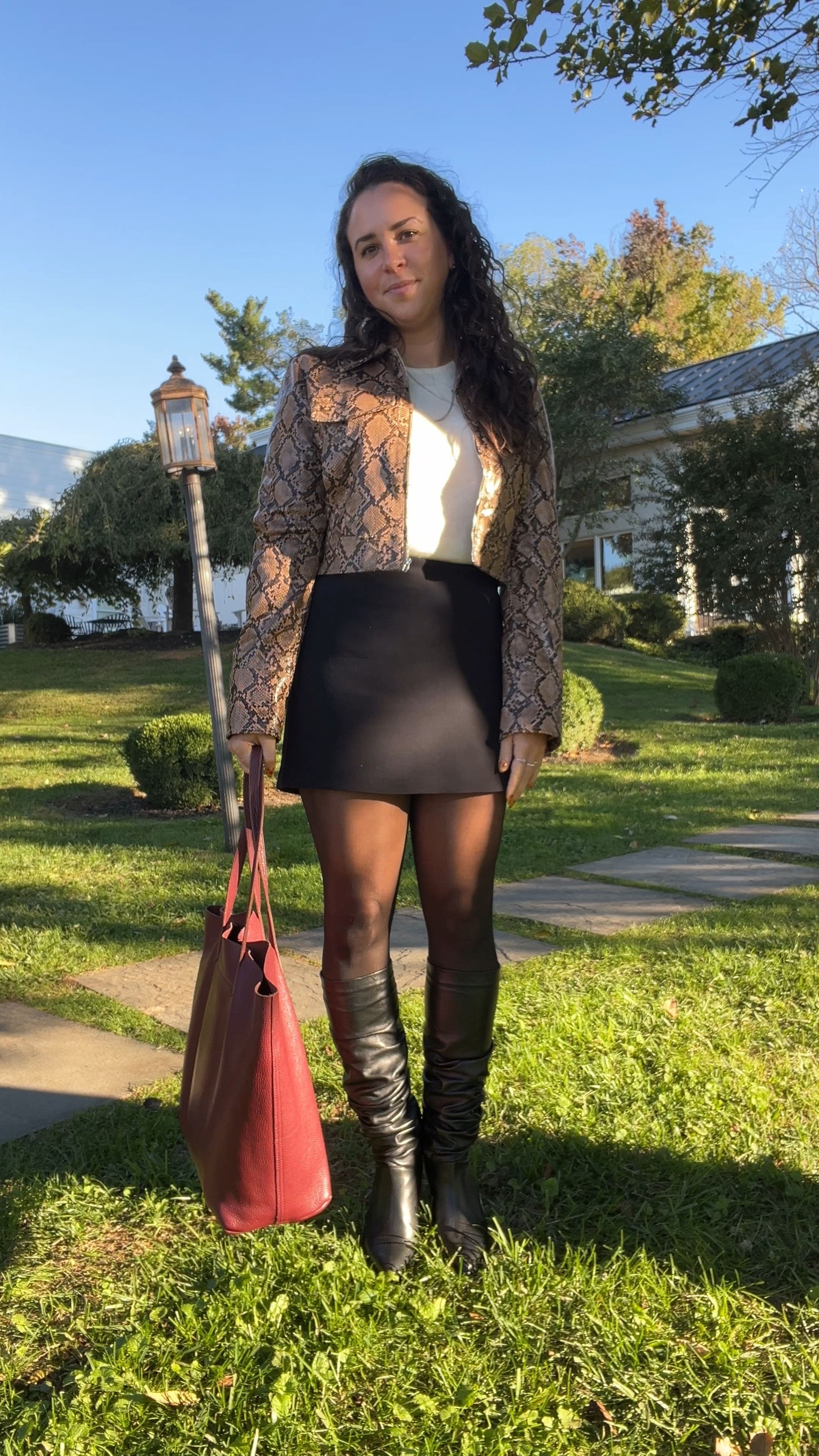 Fall outfit. Mini skirt. Black mini skirt. Knee high boots. Stuart quiet man. Snakeskin jacket. Rent the runway. 

#LTKFindsUnder100 #LTKSeasonal #LTKVideo