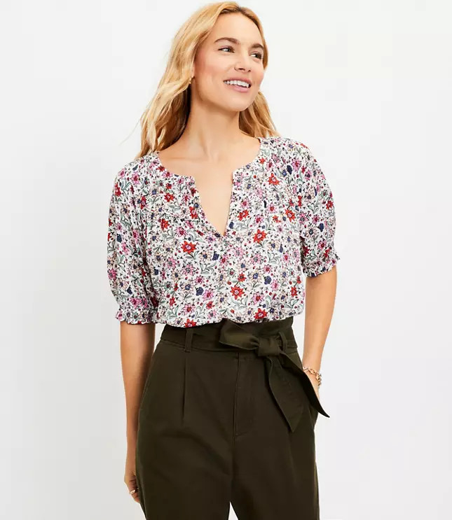 Floral Split Neck Mixed Media Top | LOFT