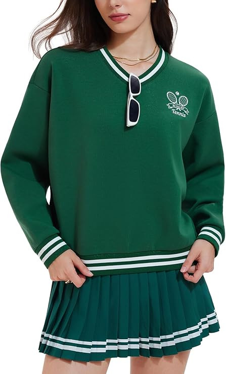 Women's Long Sleeve Tennis Skirt Set 2 Piece Golf Outfit, V-Neck Sweater & Skort with Pockets, Pr... | Amazon (US)