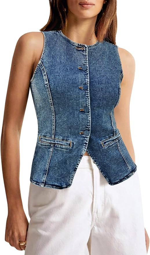 Tankaneo Womens Button Down Denim Vest Tops Sleeveless Fitted Jean Tank Tops Summer Trendy Casual... | Amazon (US)