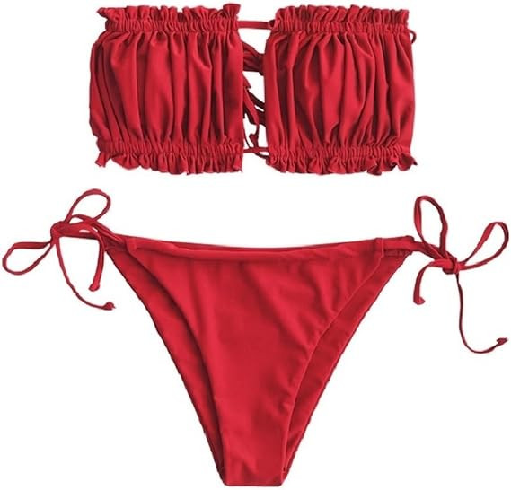 ZAFUL Women 2 Piece Strapless Bikini Swimsuits Ruffle Ribbed Bandeau Bikini Set High Cut Bathing ... | Amazon (US)