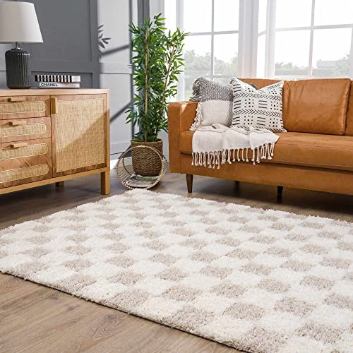 BoutiqueRugs Beige Checkered 9x12 Large Area Rug Contemporary Shag Plush Cream Light Brown Atira Great Room Open Concept Master Bedroom Large Dining Room 8'10" x 12' Stain Resistant Non-Shedding | Amazon (US)