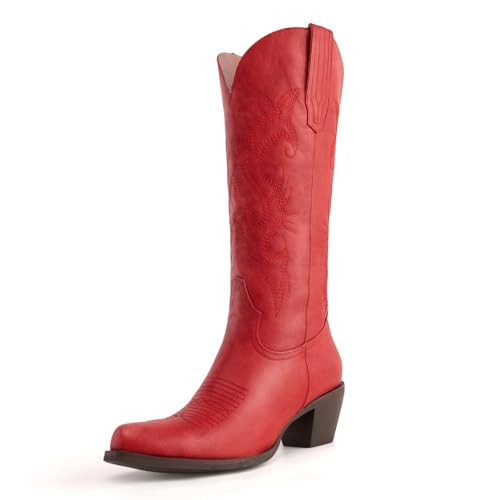 Vintage Western Cowboy Boots for Women, Knee High Cowgirl Embroidered Pointed Toe Chunky Heel Pull On Boots, Red 9.5 | Amazon (US)