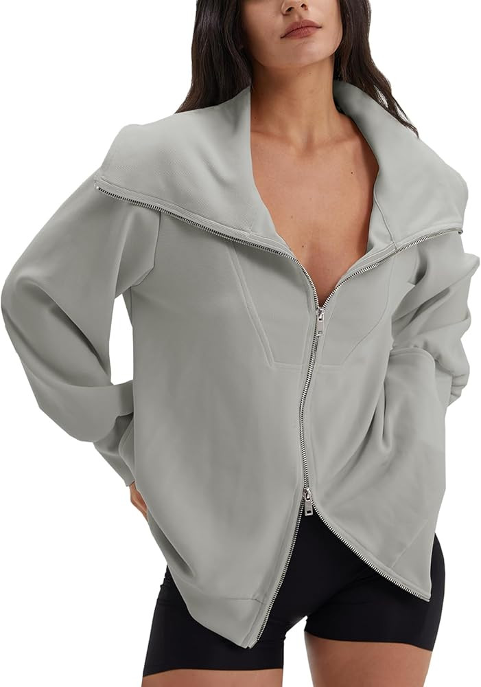 DEEP SELF Women's Zip Up Oversized Sweatshirts Long Sleeve Collared Casual Jacket 2024 Trendy Clo... | Amazon (US)
