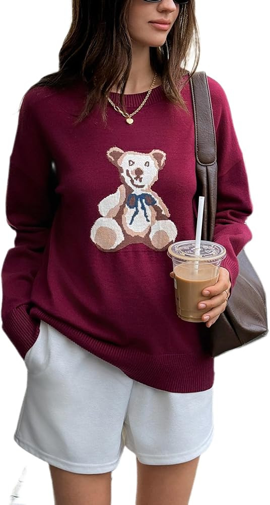 Women's Bear Pullover Sweater Cute Crew Neck Long Sleeve Knitted Tops | Amazon (US)