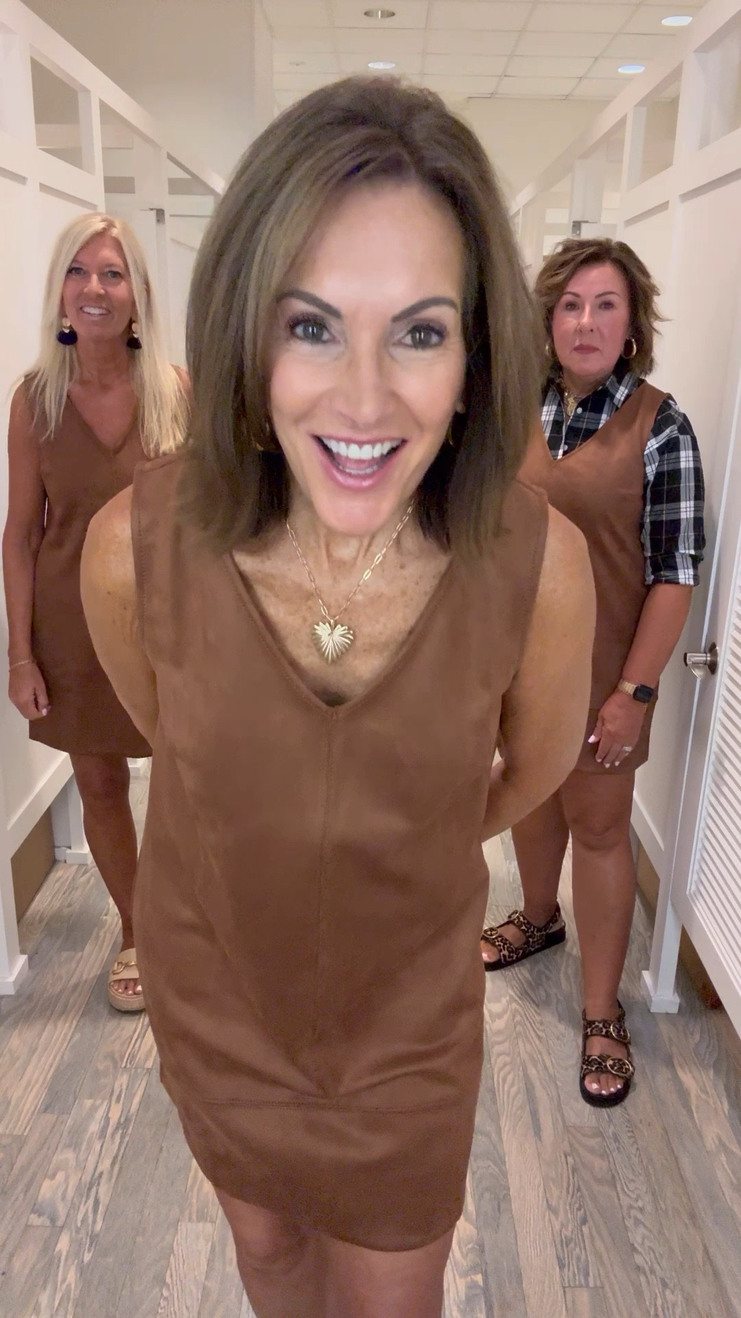 Faux suede dress 
Available in petite/regular/tall
Wearing sizes Reg 6 / 12 / 14
We would all get the Tall. I’d go to either size 8 or 10. It does fit tts. 

Fall dress
Teacher outfit
Workwear style 



#LTKStyleTip #LTKVideo #LTKSaleAlert