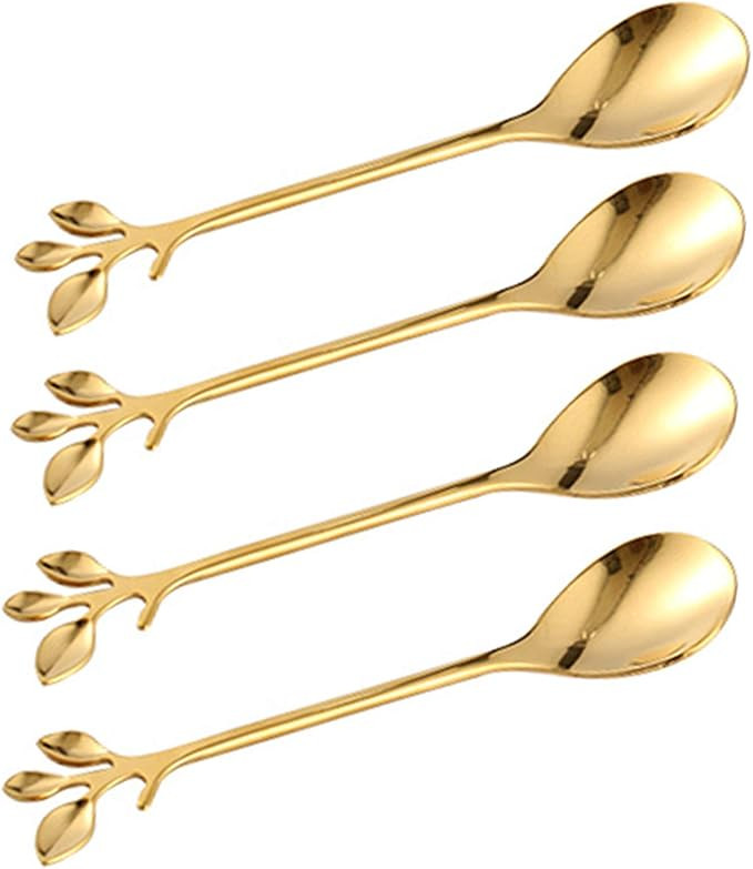 Gold Leaf Coffee Spoon Set of 4, 4.7 Inch Retro Dessert Espresso Spoons Cutlery Kitchen Tableware | Amazon (US)