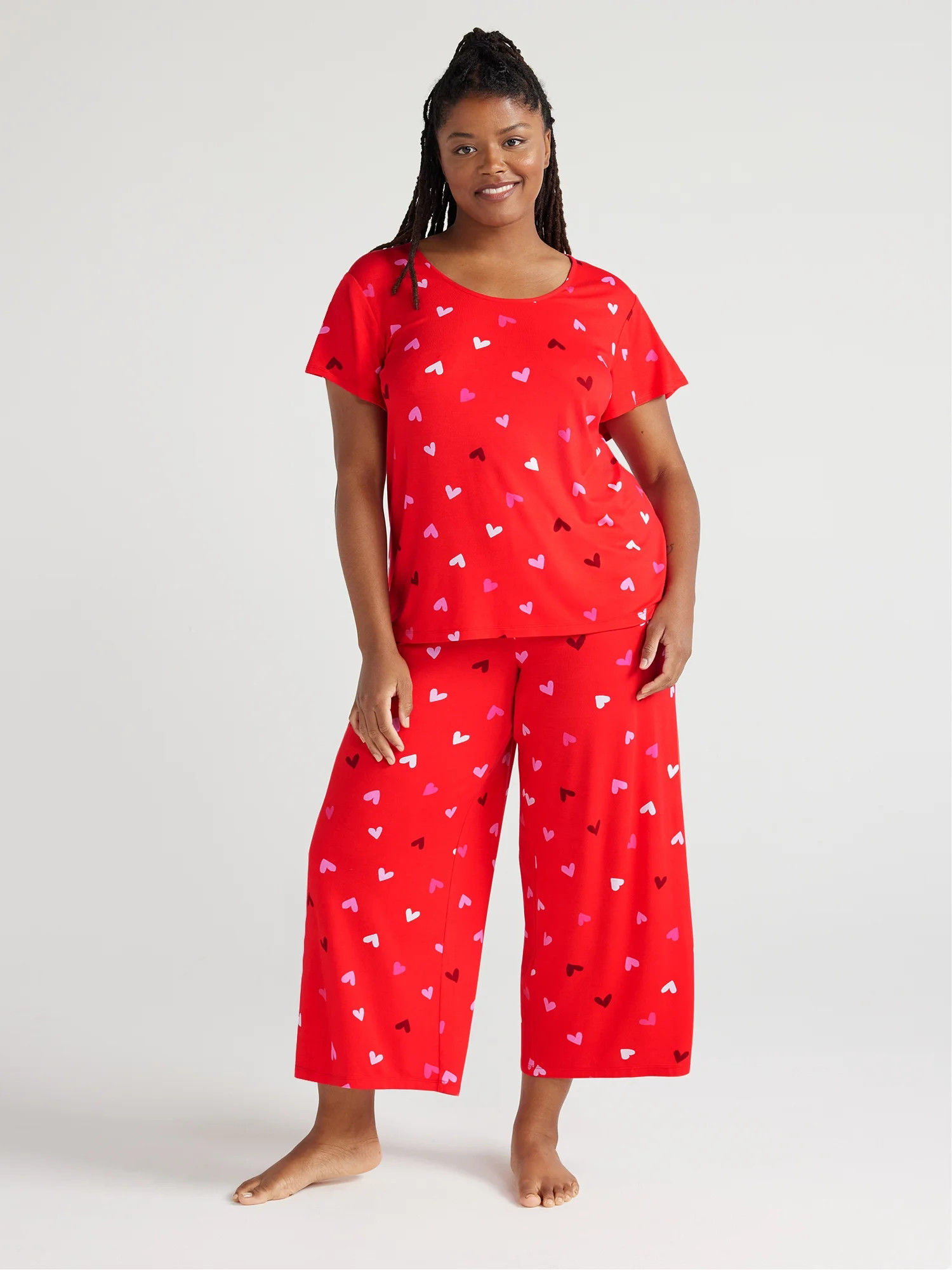 Joyspun Women’s Short Sleeve Scoop Neck Top and Cropped Pants Knit Pajama Set, 2-Piece, Sizes S... | Walmart (US)