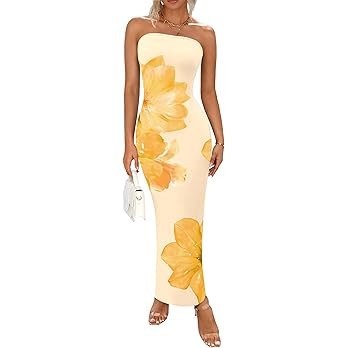 PRETTYGARDEN Women Summer Strapless Maxi Dress Bodycon Floral Sexy Long Wedding Guest Dress Forma... | Amazon (US)