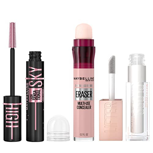 Maybelline Lash Sensational Sky High Washable Mascara, Cosmic Black + Instant Age Rewind Eraser Dark Circles Treatment Multi-Use Concealer, 160+ Lifter Gloss, Pearl, Silver Pearl Clear Bundle | Amazon (US)