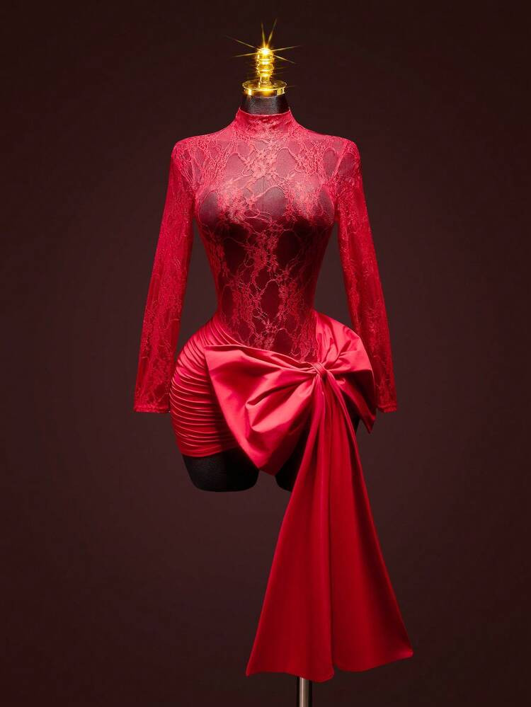 SHEIN ICON Women's Fashion Sexy Contrast Lace Bow Decor Sheer Red Formal Vacation Wedding Birthday Valentines Day Party Date Nigh Mini Dress | SHEIN