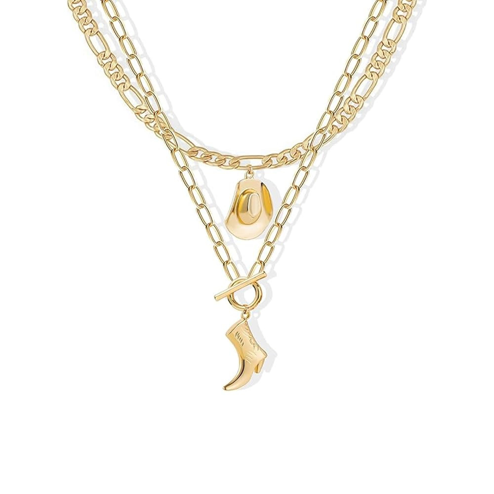 Cowboy Hat Boot Pendant Necklace for Women Layer Dainty Western Cowgirl Hat Boots Chain Gold Char... | Amazon (US)
