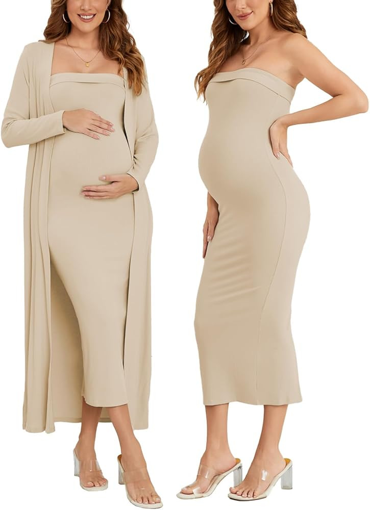 Ecavus Maternity Tube Dress Long Cardigan 2 Piece for Baby Shower and Wedding Guest Ribbed Matern... | Amazon (US)