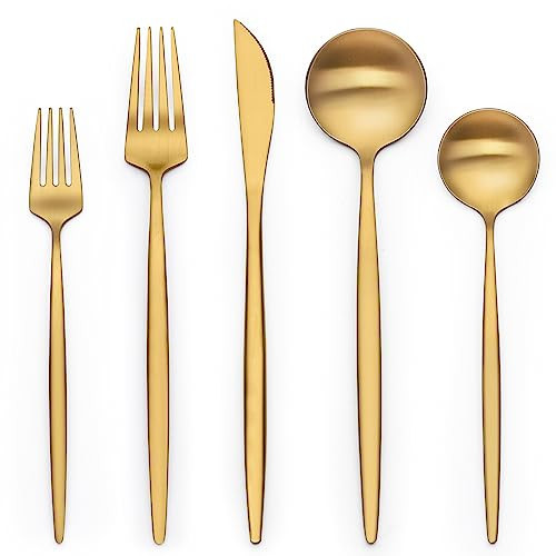 20 Piece Gold Silverware Set for 4, Terlulu Stainless Steel Flatware Set, Gold Cutlery Set Utensils Set, Tableware Include Forks Knives Spoons for Home Kitchen Restaurant Wedding, Satin Finish | Amazon (US)