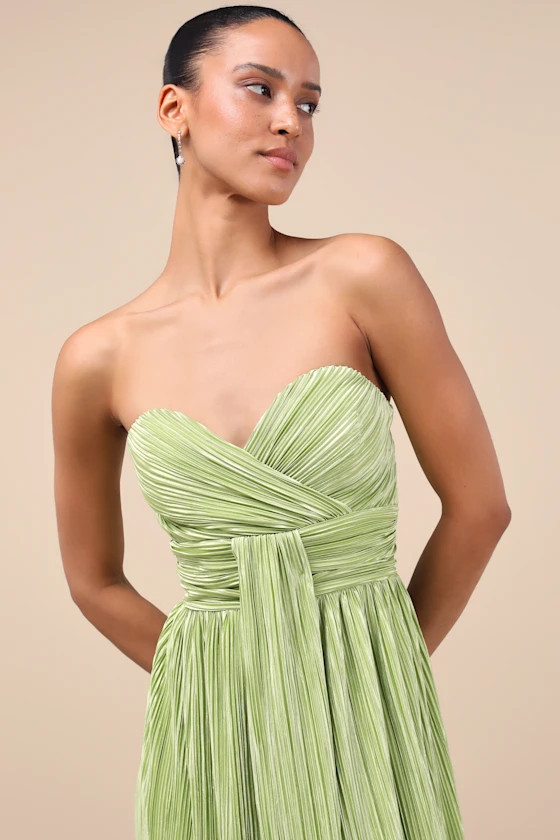 Oswin Lime Green Satin Plisse Strapless Maxi Dress | Lulus