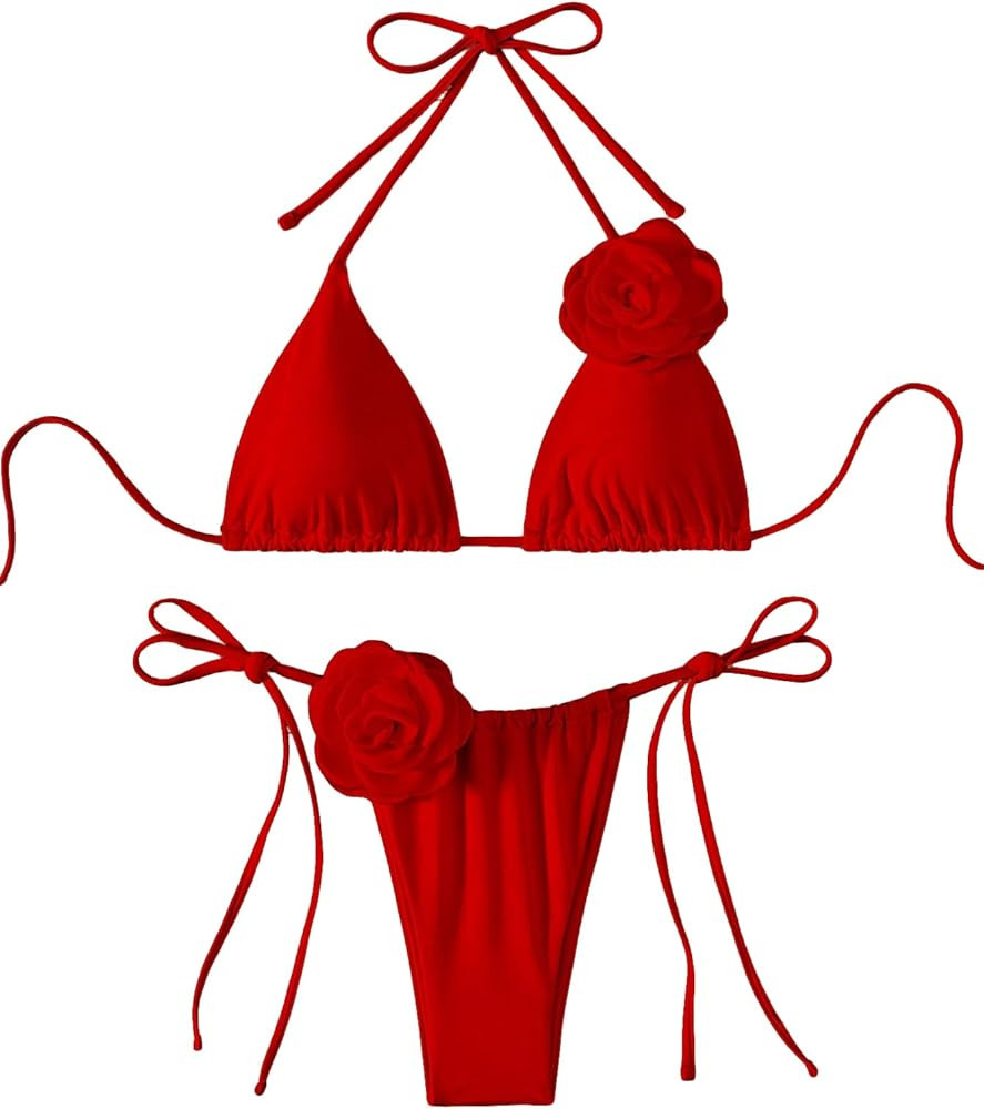 Women's 2 Piece Bathing Suit Floral Appliques Halter Triangle Tie Side Thong Bikini Sets Swimsuit... | Amazon (US)