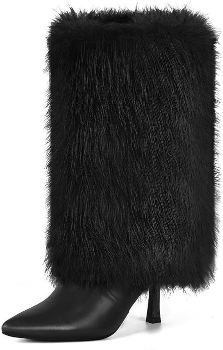 QLR 3.3-inch Kitten Heel Mid Calf Fur Boots Furry Fuzzy Fluffy Pointed Toe Boots for Women Short ... | Amazon (US)