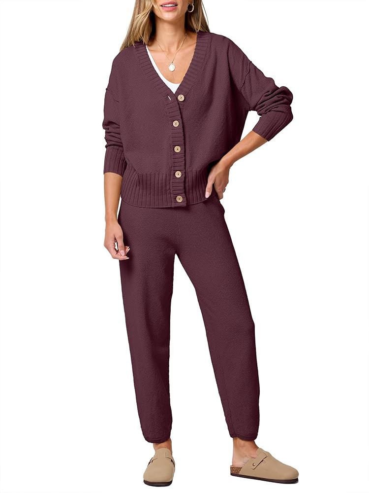 ANRABESS Women 2 Piece Outfits Waffle Knit Long Sleeve Cardigan Set Casual Sweater Pants Lounge S... | Amazon (US)