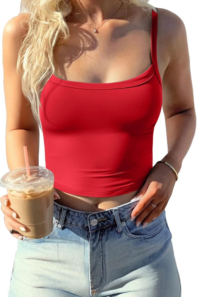 CHYRII Womens Tank Tops with Built in Bra Fashion Workout Top Longline Sports Bra Basic Camisole ... | Amazon (US)