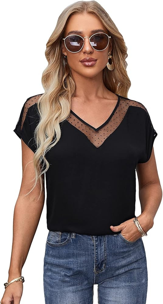 SheIn Women's Polka Dots Contrast Mesh Batwing Short Sleeve Shirt Blouse Top | Amazon (US)
