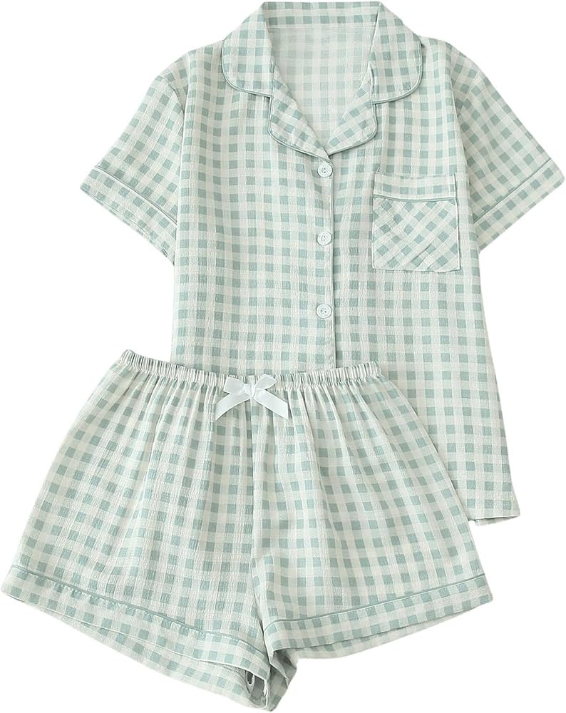 Verdusa Women's Plaid 2 Piece Cute Pajama Sets Short Sleeve Button Down Shirts with Shorts Lounge... | Amazon (US)