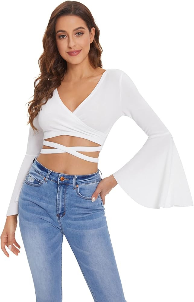 SOLY HUX Women's Surplice V-Neck Long Bell Sleeve Wrap Tie Back Crop Top Blouse | Amazon (US)