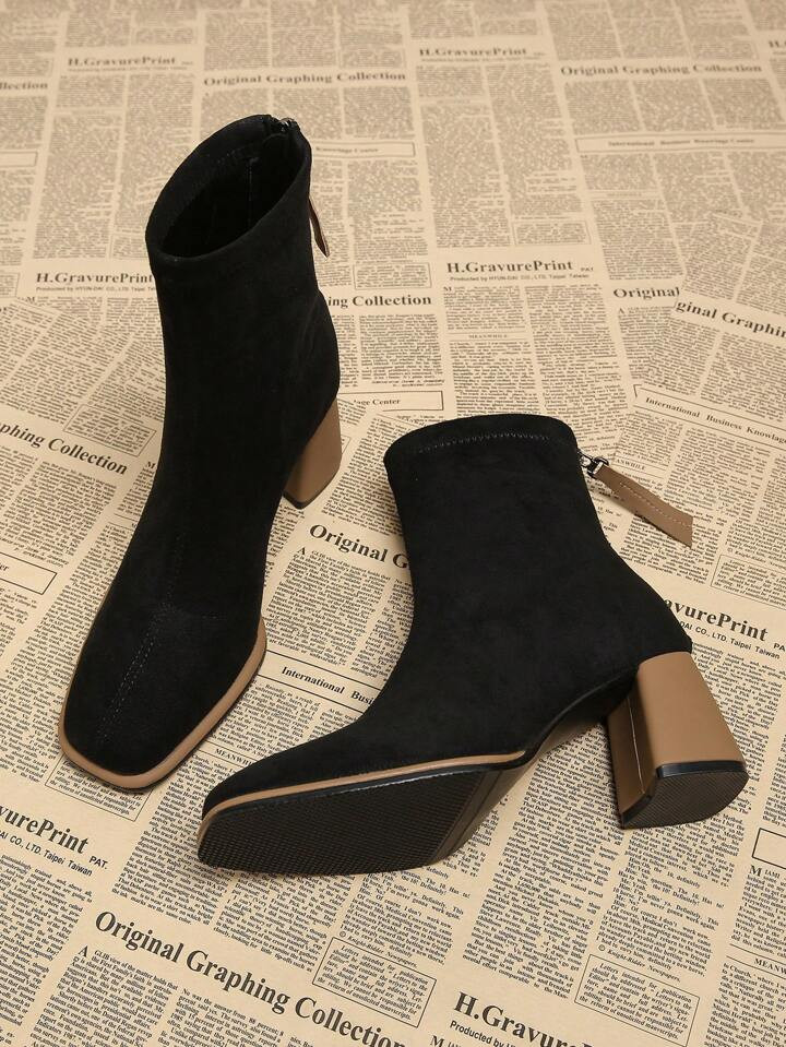 2024 Autumn New Black Elegant Country Style Women Boots, Thick Heel Square Toe High Heel Short Bo... | SHEIN