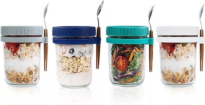 Overnight Oats Container with Lid and Spoon(4-Piece set), 10 oz Overnight Oats  Jars 