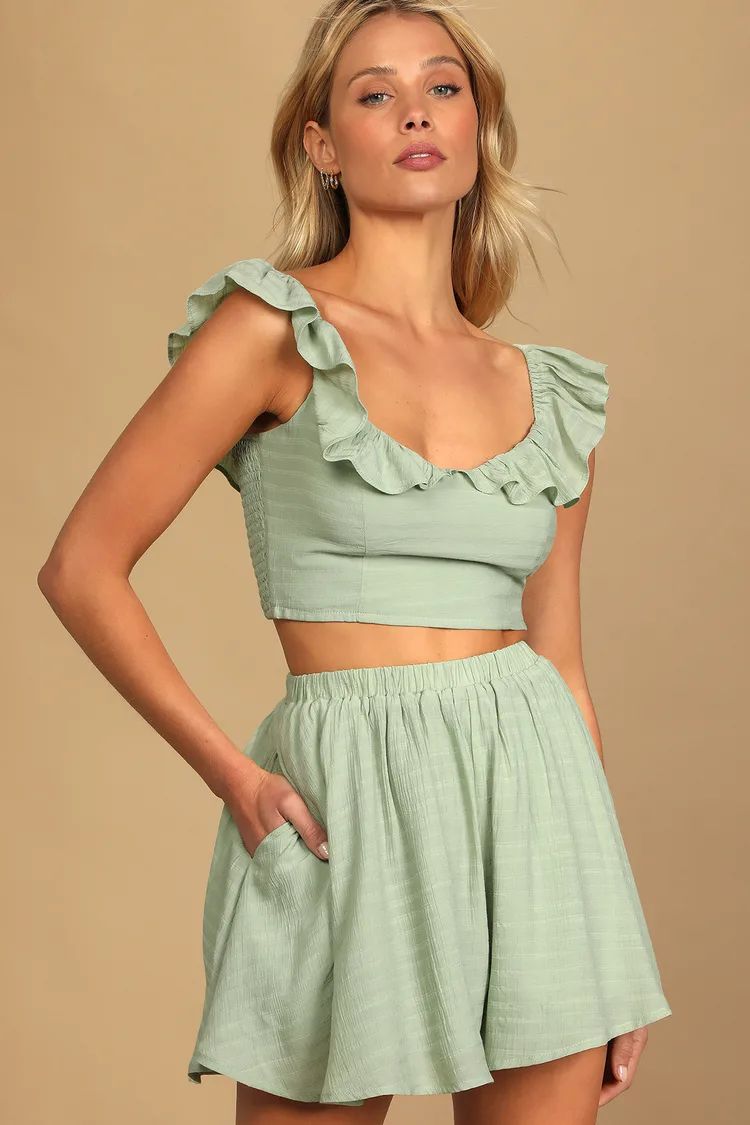 Spring to It Sage Green Off-the-Shoulder Two-Piece Romper | Lulus (US)