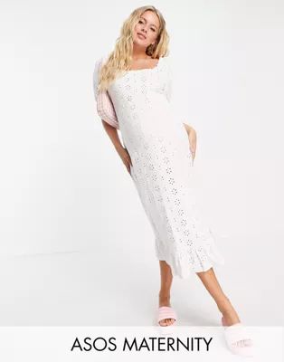 ASOS DESIGN Maternity broderie midi dress with square neck and puff sleeves in white | ASOS (Global)