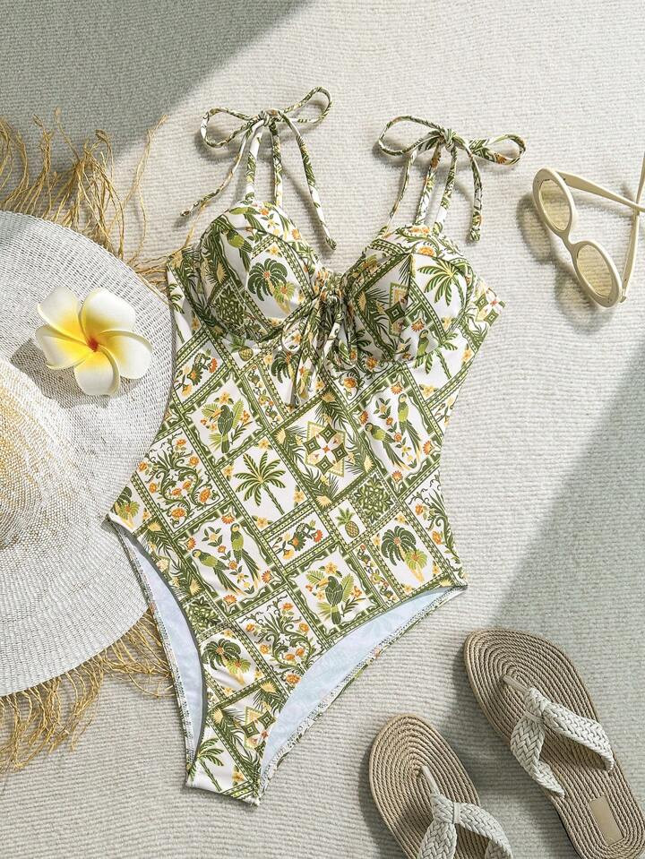 Soleia Vacation Women's Colorful Tropical Patchwork Palm Tree, Floral, Fruit & Animal Print Halter One-Piece Swimsuit | SHEIN