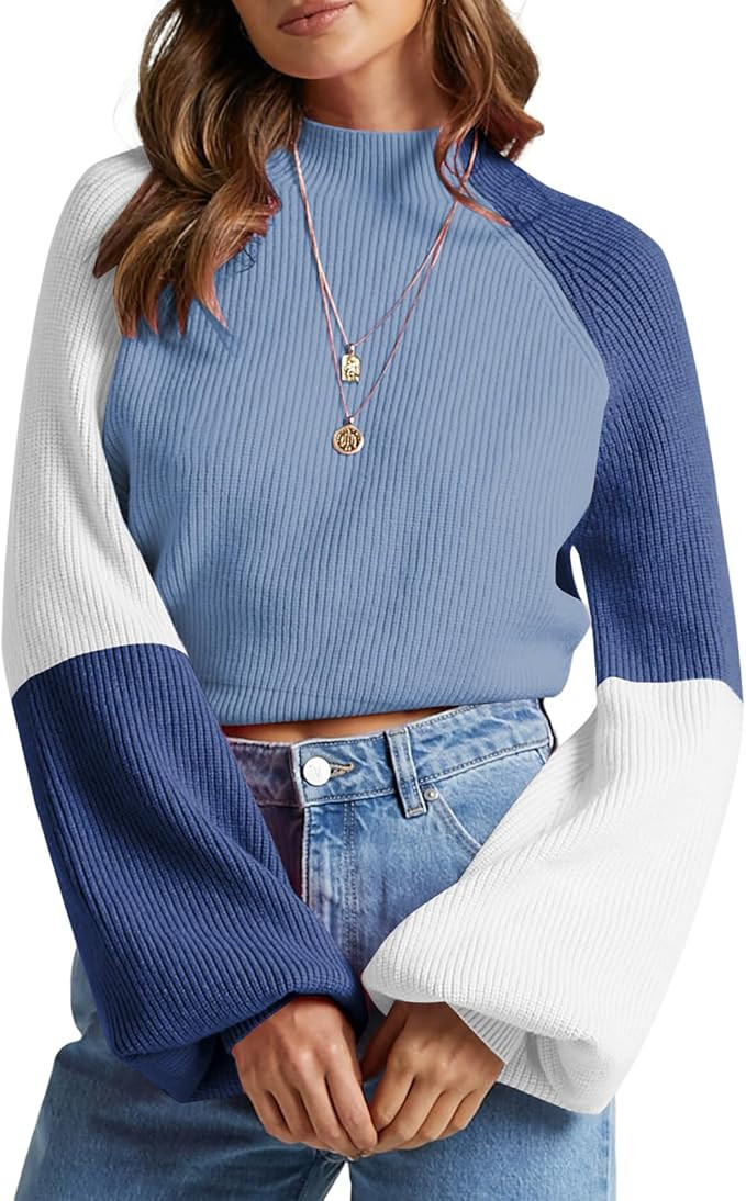 ZAFUL Women's Mock Neck Color Block Sweaters Knitted Pullover Jumper Tops Casual Lantern Sleeve C... | Amazon (US)