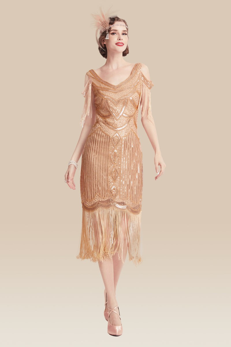 Shop 1920s Dresses - Beaded Off Shoulder Flapper Dress | BABEYOND | BABEYOND
