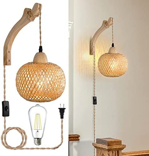 Frideko Bamboo Lantern Plug in Wall Sconces Wicker Wall Lamp with Plug in Cord Hand Woven Rattan ... | Amazon (US)