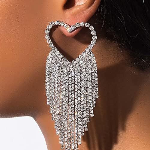 Earent Tassel Rhinestone Heart Earrings Silver Long Chandelier Fringe Chain Crystal Dangle Drop Earr | Amazon (US)