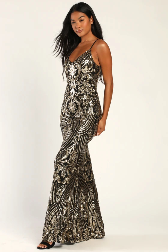 Truly Alluring Black and Gold Sequin Mermaid Maxi Dress | Lulus