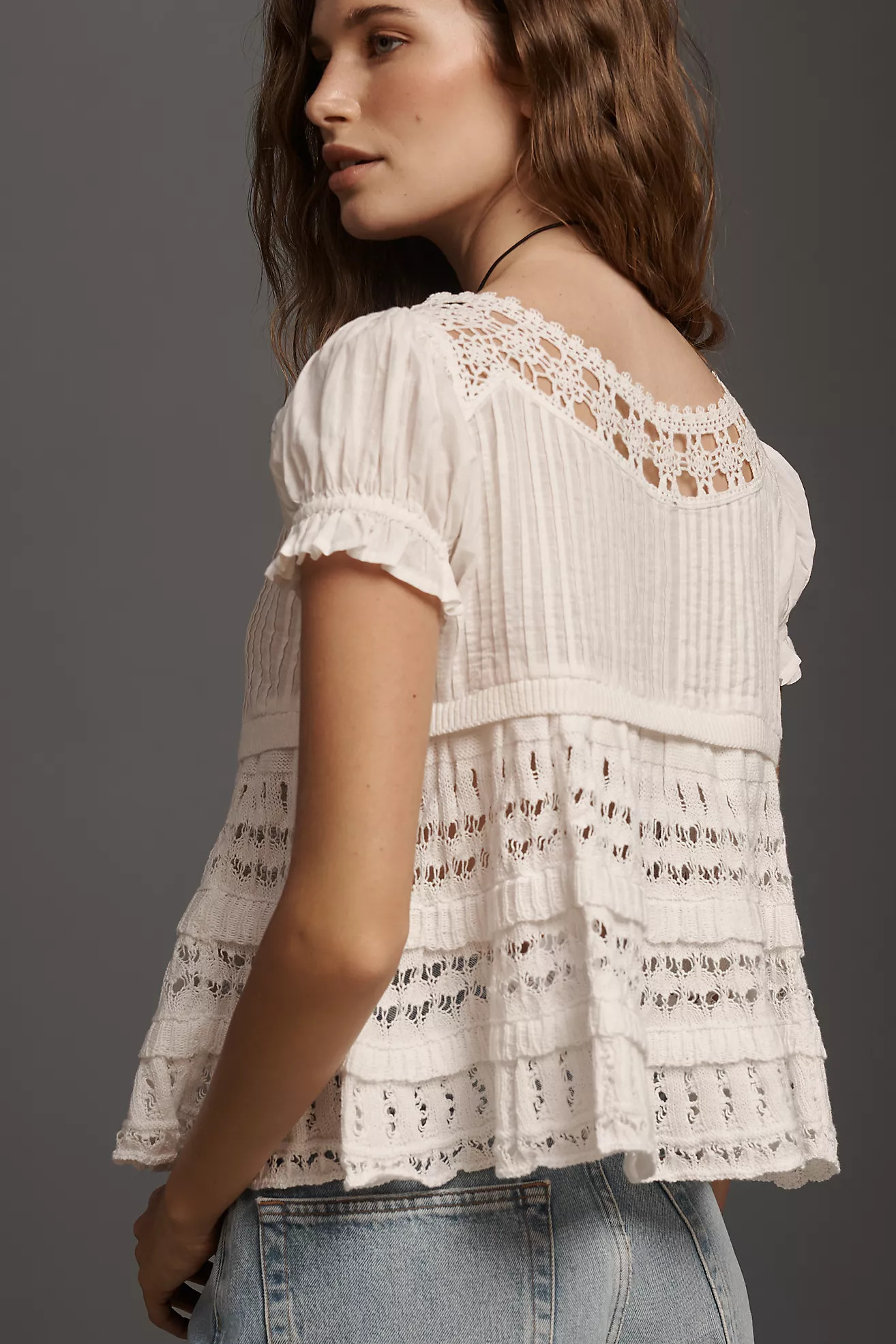 By Anthropologie Cotton Puff Sleeve Crochet Knit Top | Anthropologie (US)