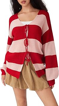 CIDER Cardigan Sweater for Women Tie Front Striped Long Sleeve V Neck Cute Y2k Fall Trendy Outfit... | Amazon (US)