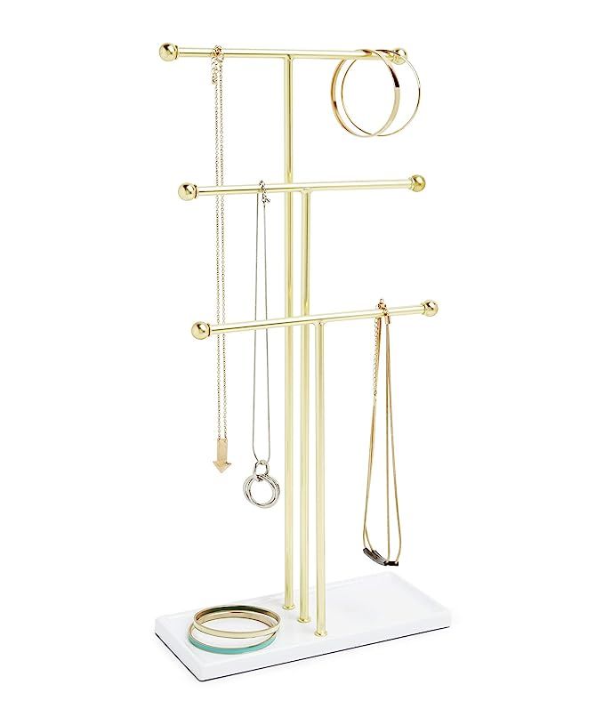 Umbra Trigem Hanging Jewelry Organizer – 3 Tier Table Top Necklace Holder and Display, White/Br... | Amazon (US)