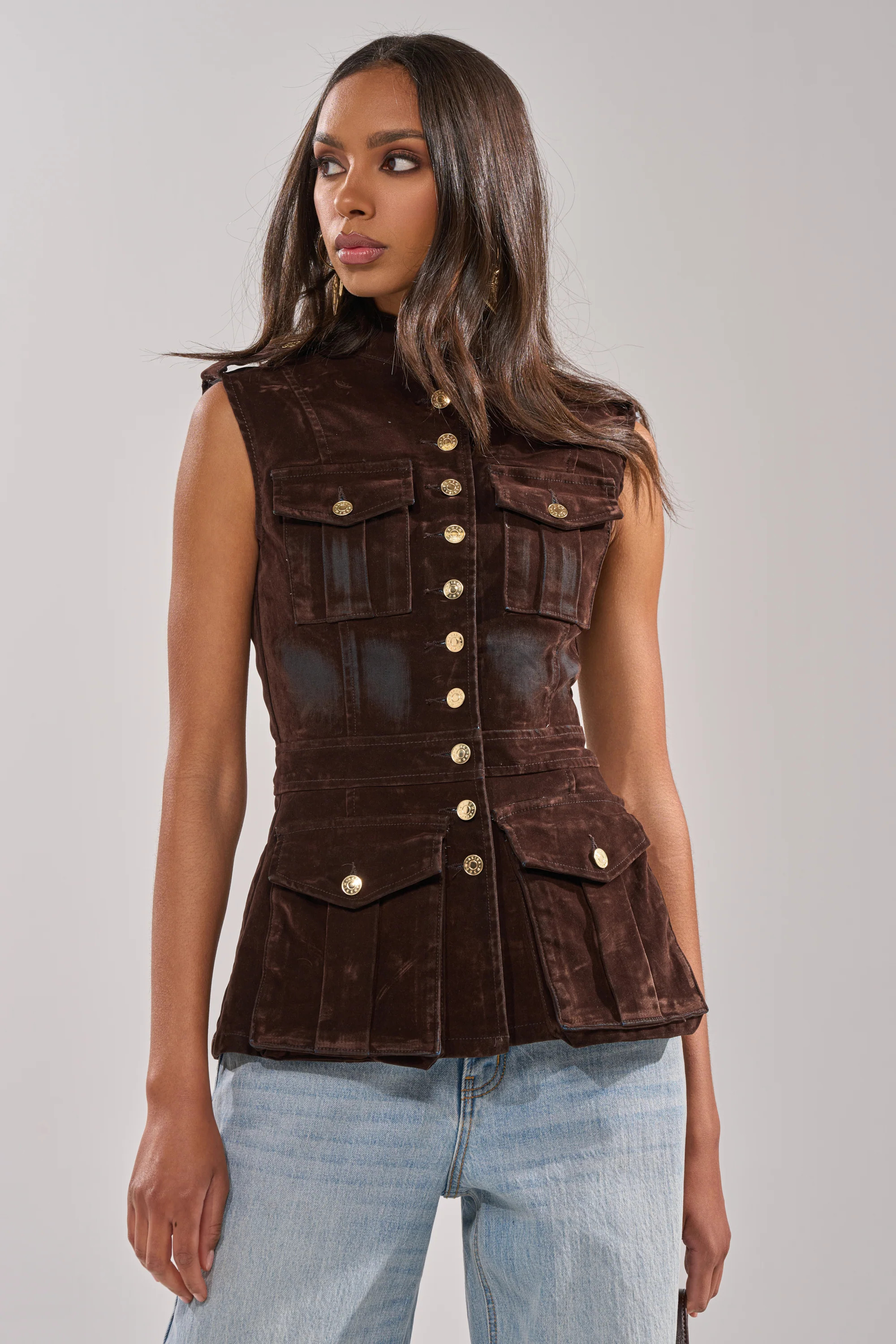 AKIRA Back With It Velvet Button Down Top | Brown | Size Large | AKIRA