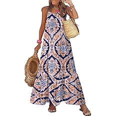 Dokotoo Women Summer Dresses 2026 Spaghetti Strap Scoop Neck Smocked Ruffle Flowy Boho Maxi Dress | Amazon (US)