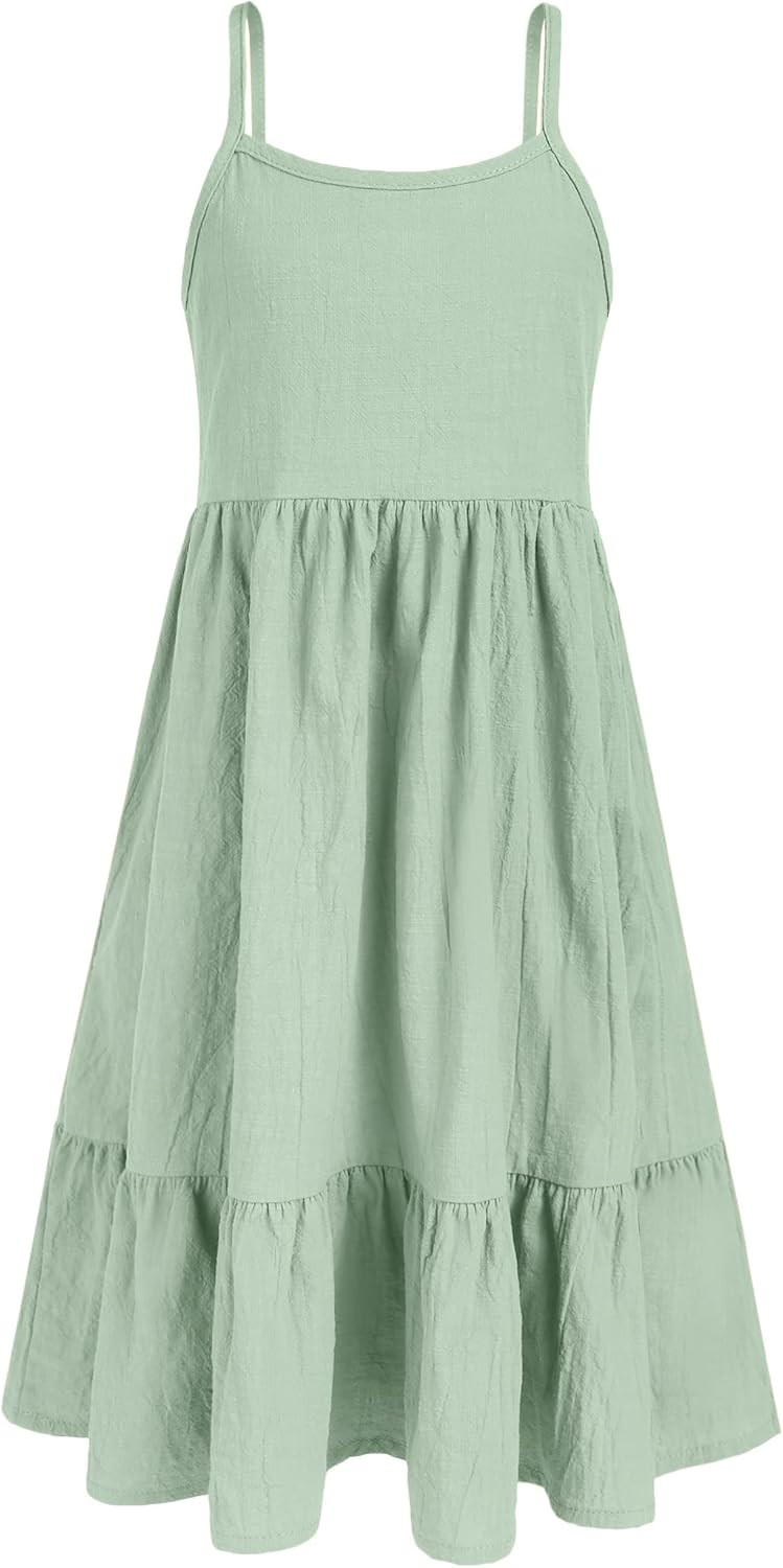 Arshiner Girl's Summer Sundress Spaghetti Strap Solid Linen Midi Dress Casual Cami Dresses | Amazon (US)