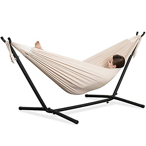 PNAEUT Double Hammocks with Stand for Outside, Portable Space Saving Heavy-Duty Steel Stand for Indoor Outdoor Patio with Carrying Bag, 450 lbs Capacity (Beige) | Amazon (US)