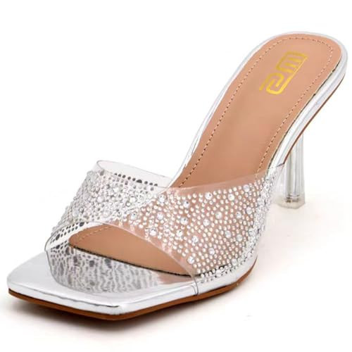 NVBUKE Women's Rhinestone Stiletto Sandals Elegant Square Open Toe Backless Slip-On High Heel Dress Sides Shoes with Clear Rhinestone Design for Evening Party and Wedding Events (Silver,10) | Amazon (US)