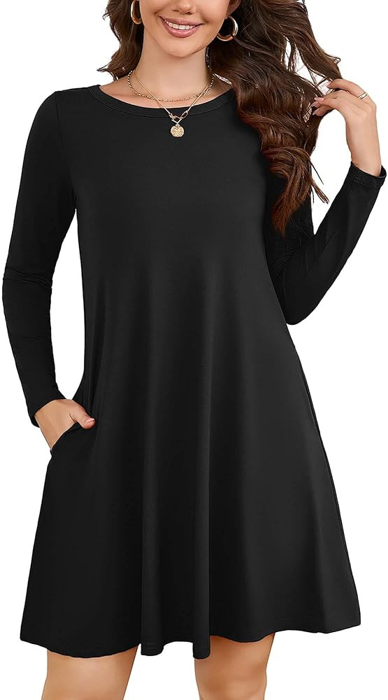 KORSIS Women Long Sleeve Tops T-Shirt Dress Round Neck Casual A-Line Loose Vocation Fall Winter D... | Amazon (US)