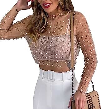 Modegal Women's Pearl Rhinestone See Through Long Sleeve Mesh Blouse One Piece Cover Up Halloween... | Amazon (US)