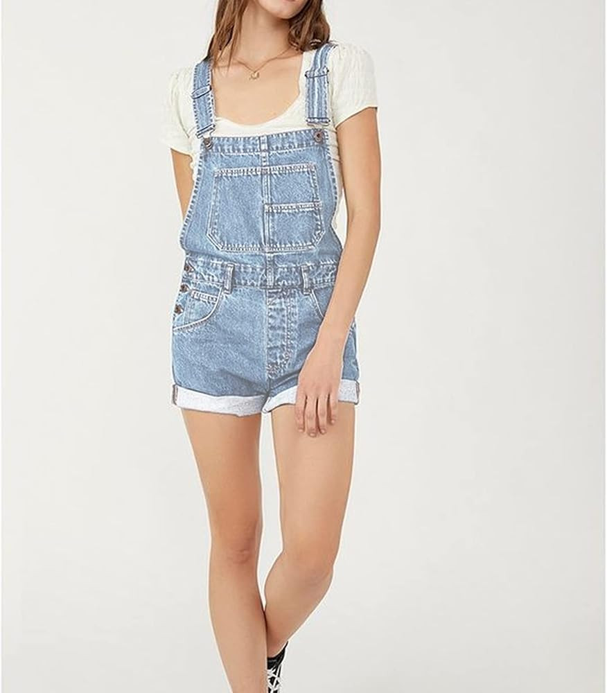 Women's Casual Denim Bib Overall Shorts Adjustable Straps Cuffed Hem Shortall Rompers | Amazon (US)