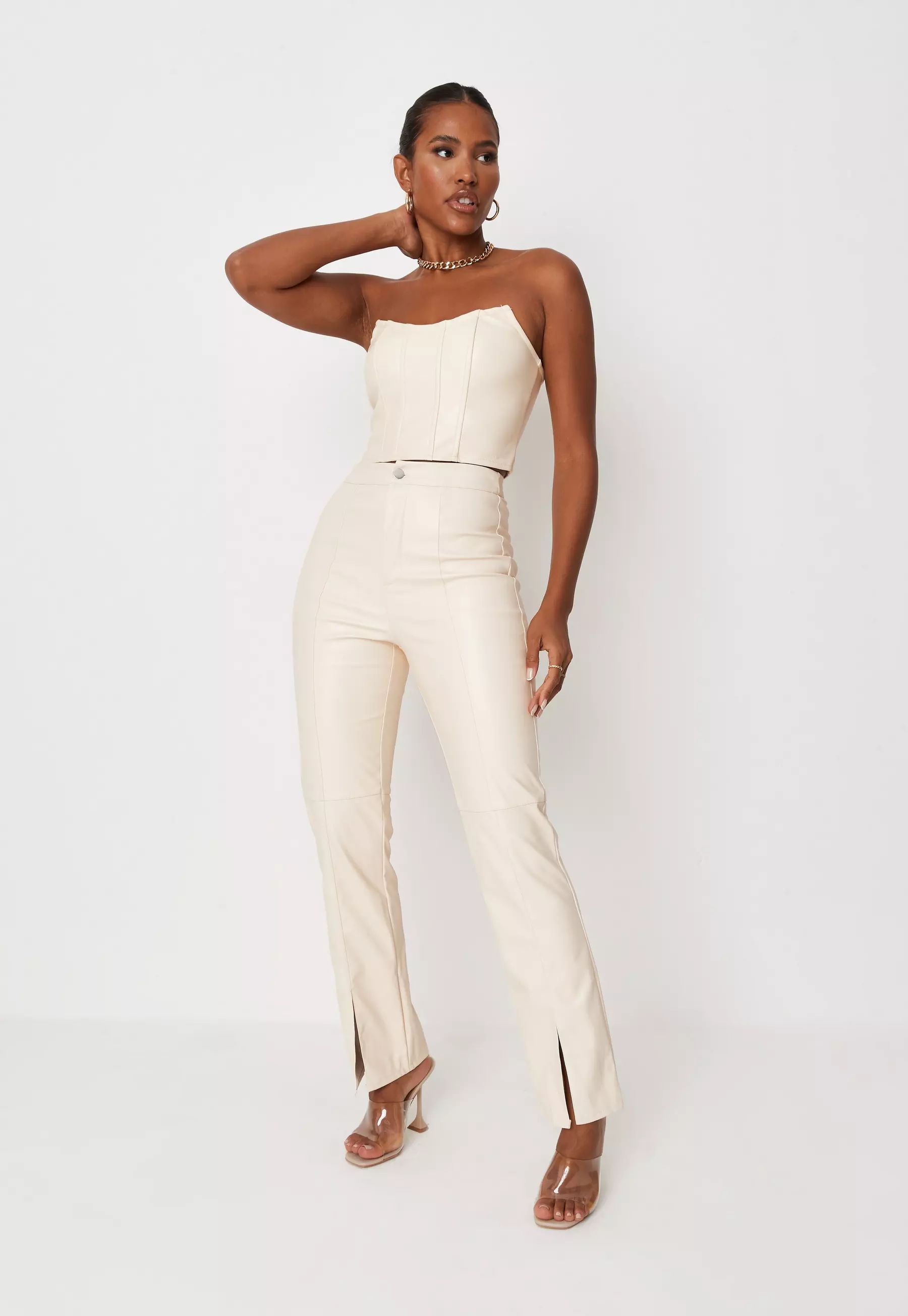 Cream Faux Leather Split Front Straight Leg Pants | Missguided (US & CA)