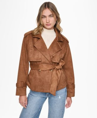 Dkny Jeans Women's Faux Suede Collared Short Trench Jacket - Burnt Sugar | Macy's